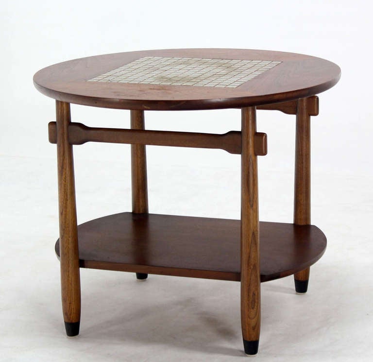 Mid-Century Modern Round Walnut Tile-Top End or Side Table 1