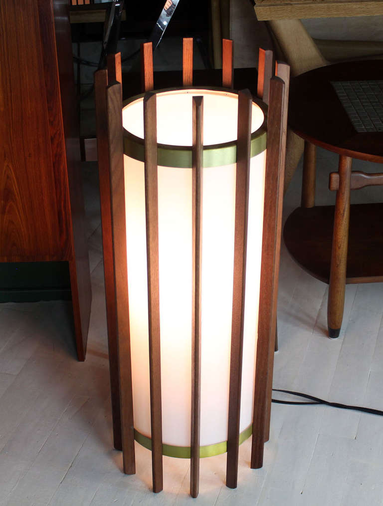 Brass Danish Walnut Mid Century Modern Cylinder Shape Table Lamp