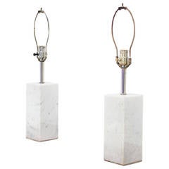 Pair of White Marble Cube-Shape Table Lamps