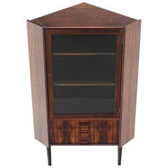 Rosewood Danish Mid-Century Modern Corner Cabinet Glass Door Three Drawers