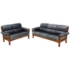 Danish Modern Leather and Teak Living Room Set, Sofa and Loveseat