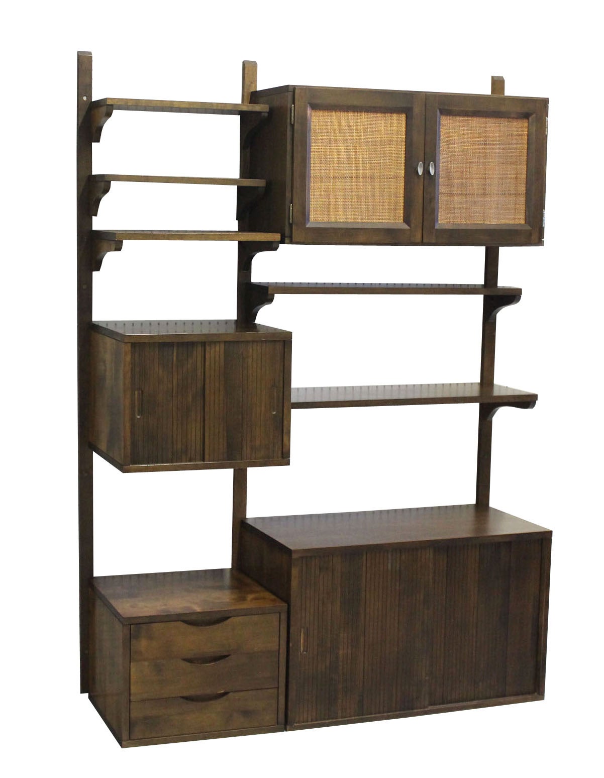 American Danish Mid-Century Modern Walnut Wall Unit Cabinets Drawers Shelves 