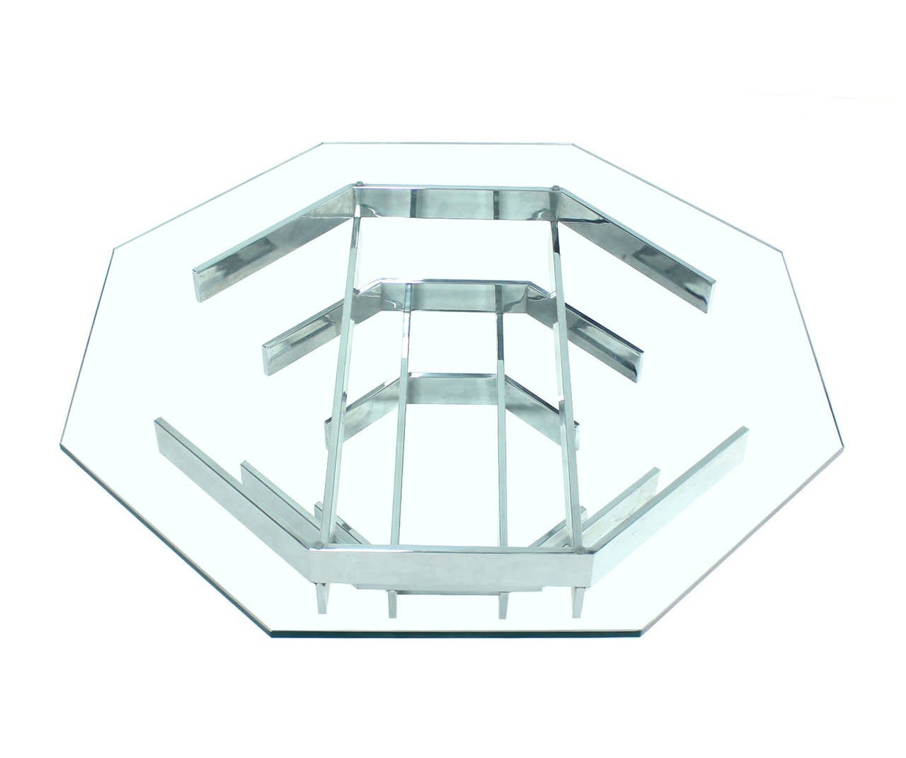 Glass Mid-Century Modern Heavy Stacked Chrome Base Octagonal Coffee Table