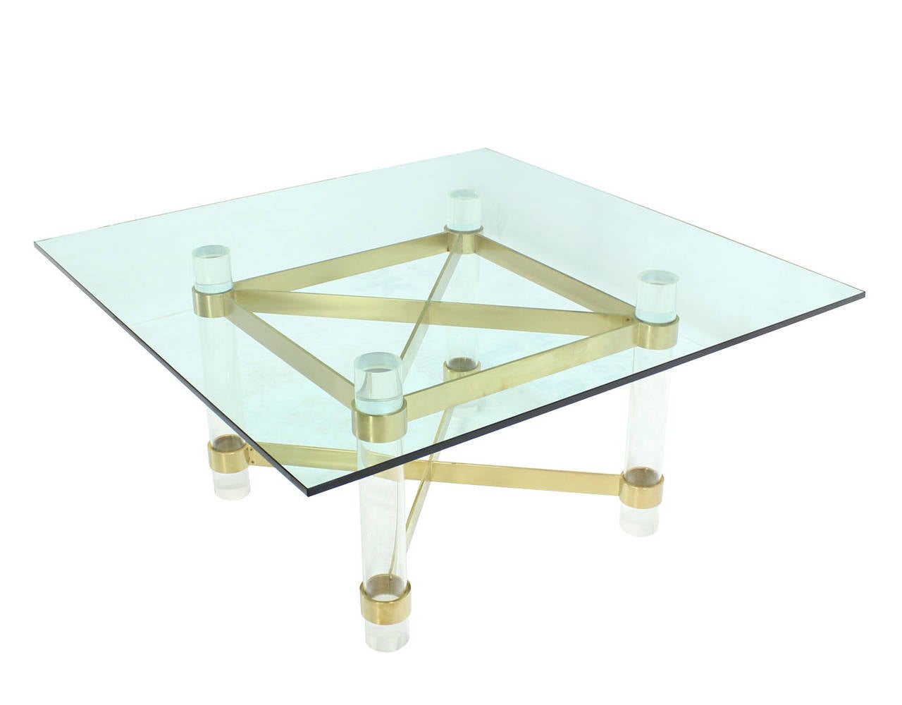 Large Sqaure Brass and Lucite Base Dining Table In Excellent Condition In Rockaway, NJ