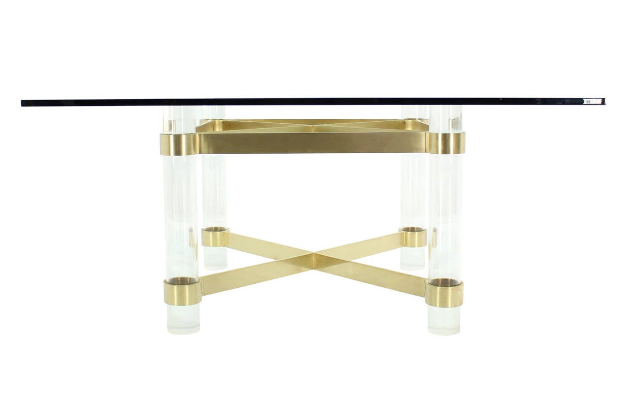 American Large Sqaure Brass and Lucite Base Dining Table