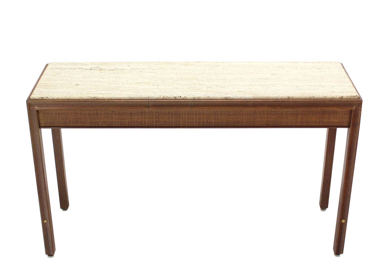 Modern Walnut Base with Brass Accents and Marble-Top Console Table