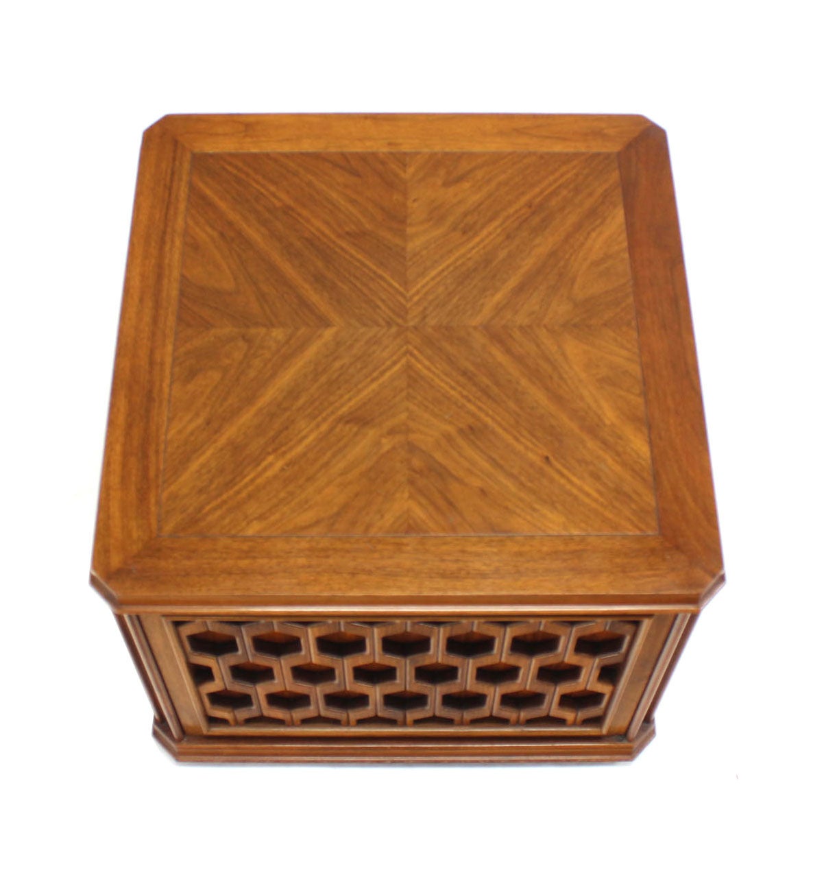 Mid-Century Modern Walnut Carved Honeycomb Pattern One Door Cube Square Shape Side End Table Stand