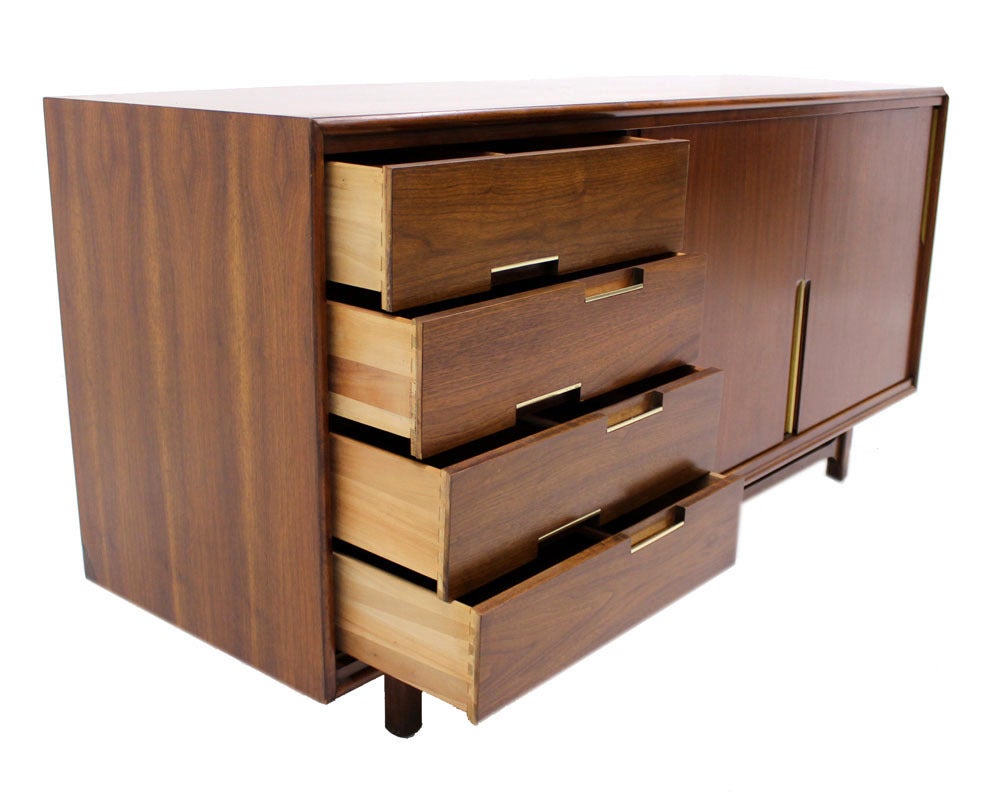 Walnut Danish Mid Century Modern Credenza w/ Sliding Doors 12 Drawers Brass Pull
