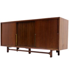 Walnut Danish Mid Century Modern Credenza w/ Sliding Doors 12 Drawers Brass Pull 8