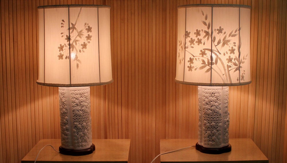 Pair of Japanese Porcelain Oriental Table Lamps with Painted Shades In Excellent Condition In Rockaway, NJ