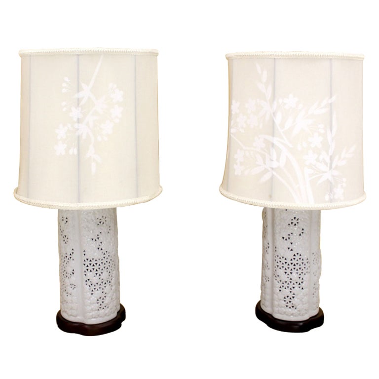 Pair of Japanese Porcelain Oriental Table Lamps with Painted Shades