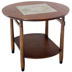 Mid-Century Modern Round Walnut Tile-Top End or Side Table