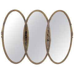 Miroir triple ovale en or:: moderne du milieu du siècle:: avec cadre à rebords en corde