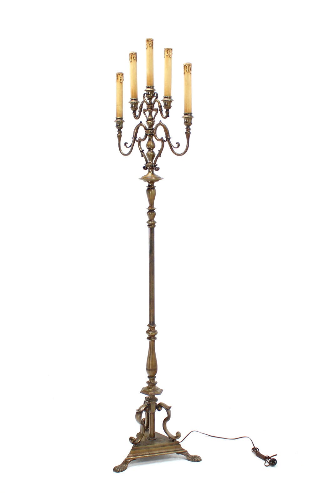 Pair of Tall  Heavy Brass Torchere Floor Lamps Candelabra Style In Excellent Condition In Rockaway, NJ