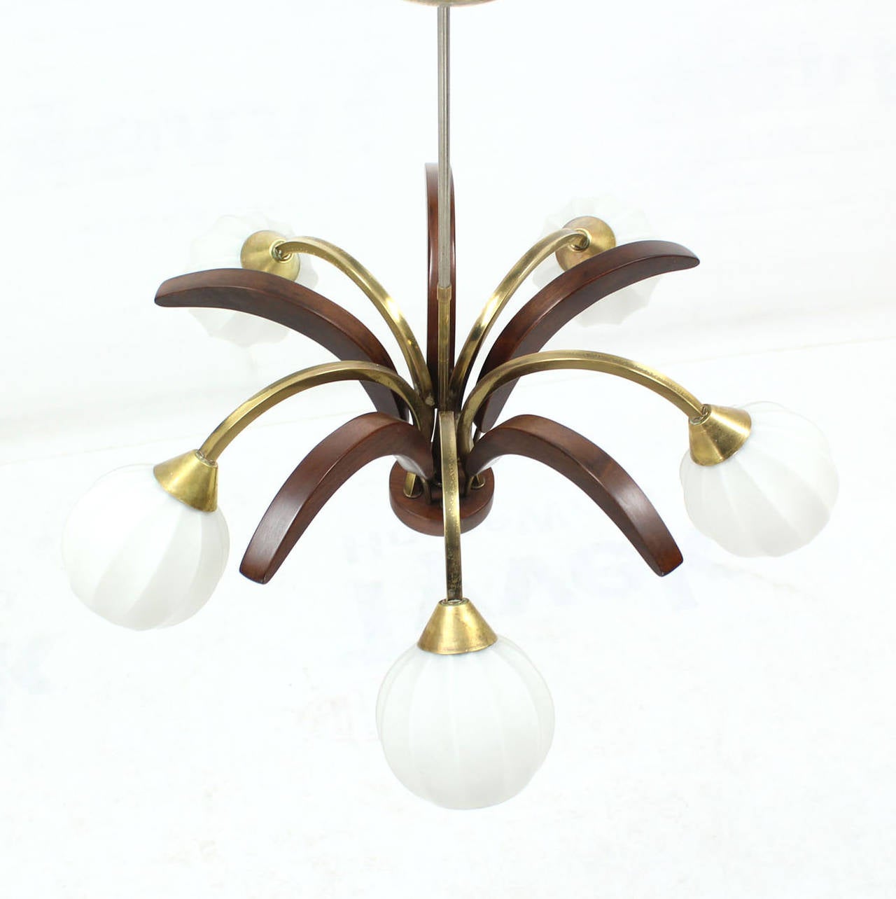 Five-Globe Danish Modern Walnut and Brass Light Fixture