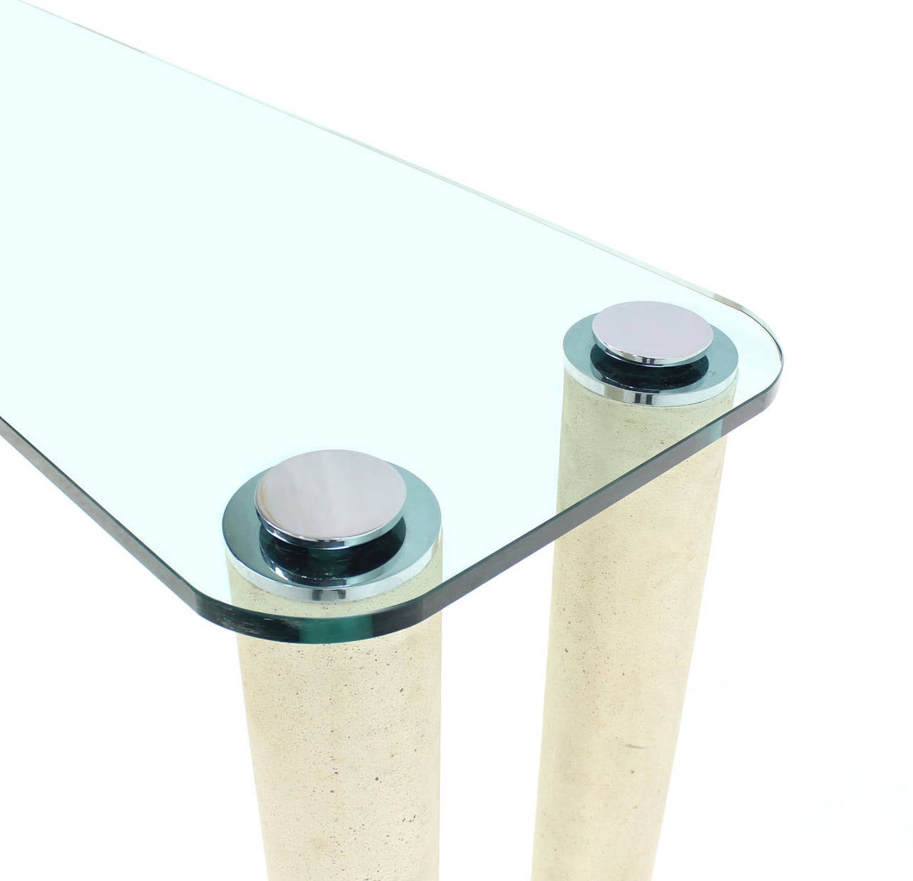Polished Modern Thick Glass Top Console Table on Marble Cylinder Shape Legs  