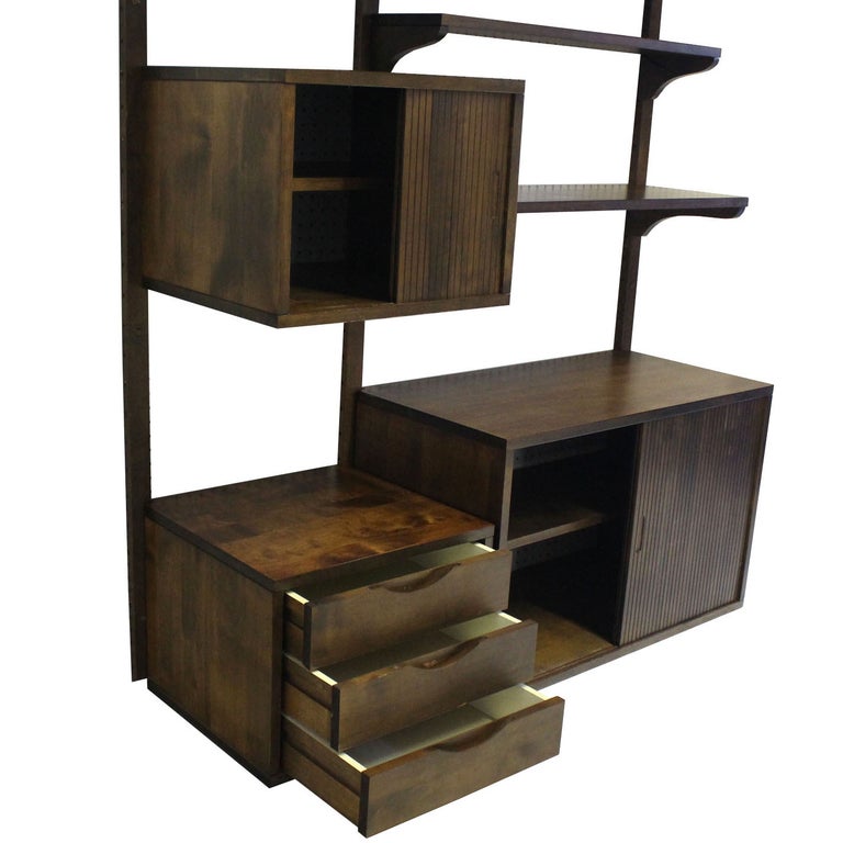Danish Mid-Century Modern Walnut Wall Unit Cabinets Drawers Shelves 