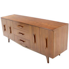 Extra Long Danish Modern Walnut Dresser Credenza Carved Banana Shape Pulls 12