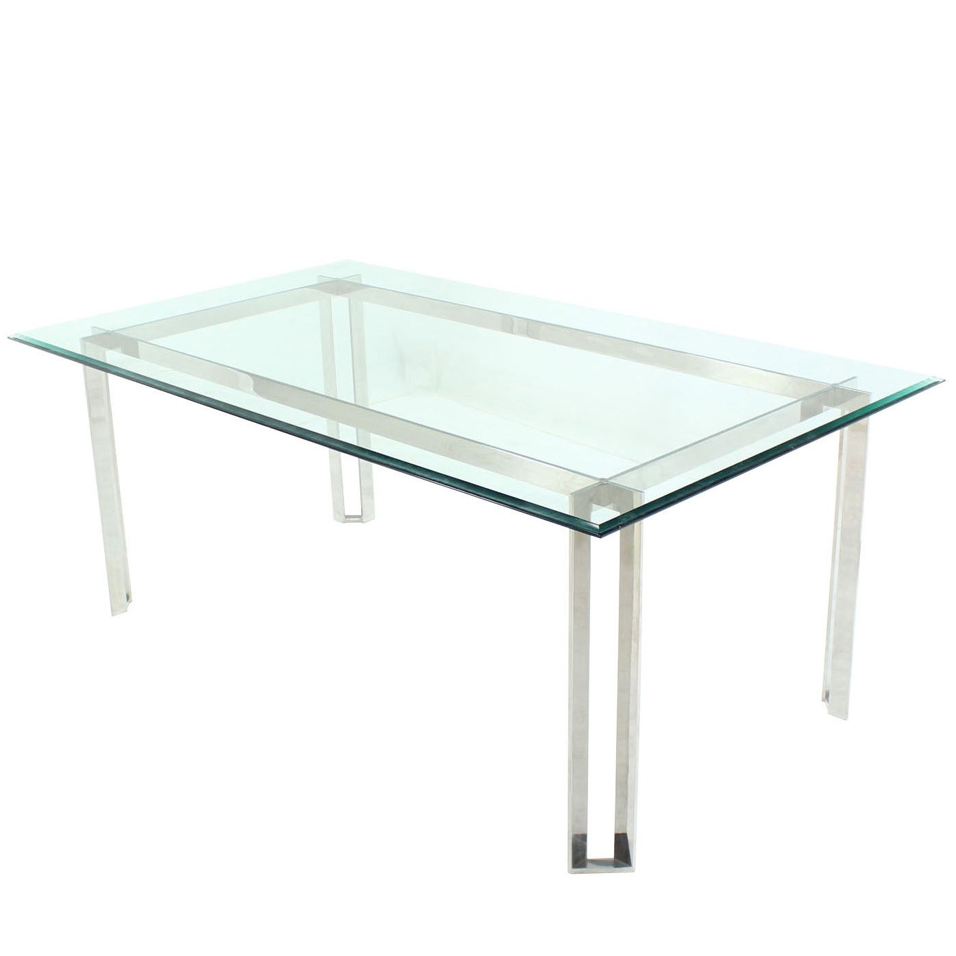 Polished Stainless Steel and Thick Glass-Top Dining Room Table
