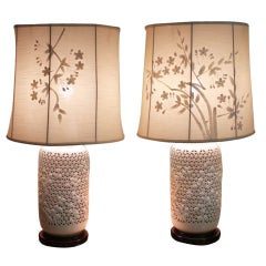 Pair of Fine Porcelain Table Lamps with Painted Shades