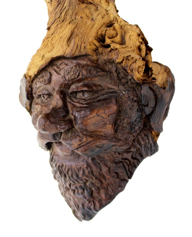 Mid-Century Modern Detailed Burl Wood Carving of an Elf or Gnome Face Sculture