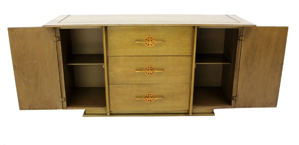 Very nice high quality oriental style bleached walnut credenza sideboard. Outstanding craftsmanship and condition.