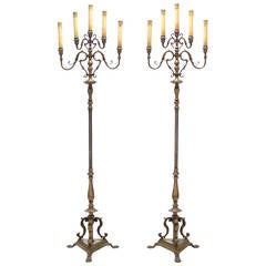 Pair of Tall  Heavy Brass Torchere Floor Lamps Candelabra Style