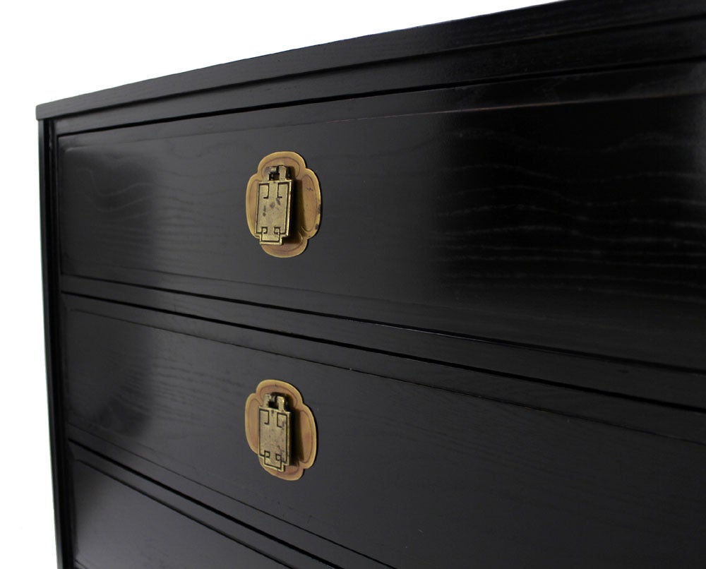 Pair of very nice mid century modern bachelor chest dressers. Medium gloss lacquer finish.