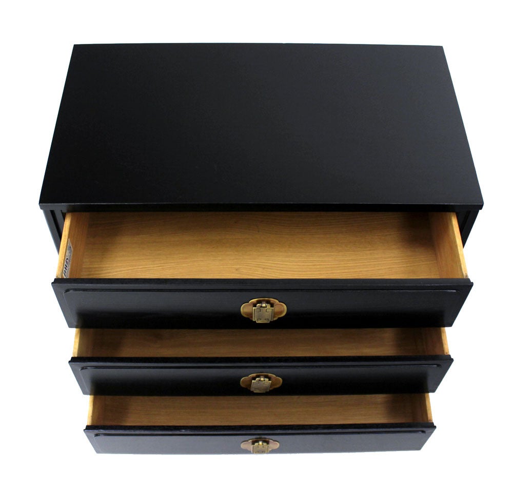 Brass Pair of Black Lacquer Bachelor Chests Dressers Oriental