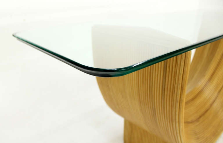 Mid-Century Modern Midcentury Rattan U Shape Base Glass Top Console Sofa Table