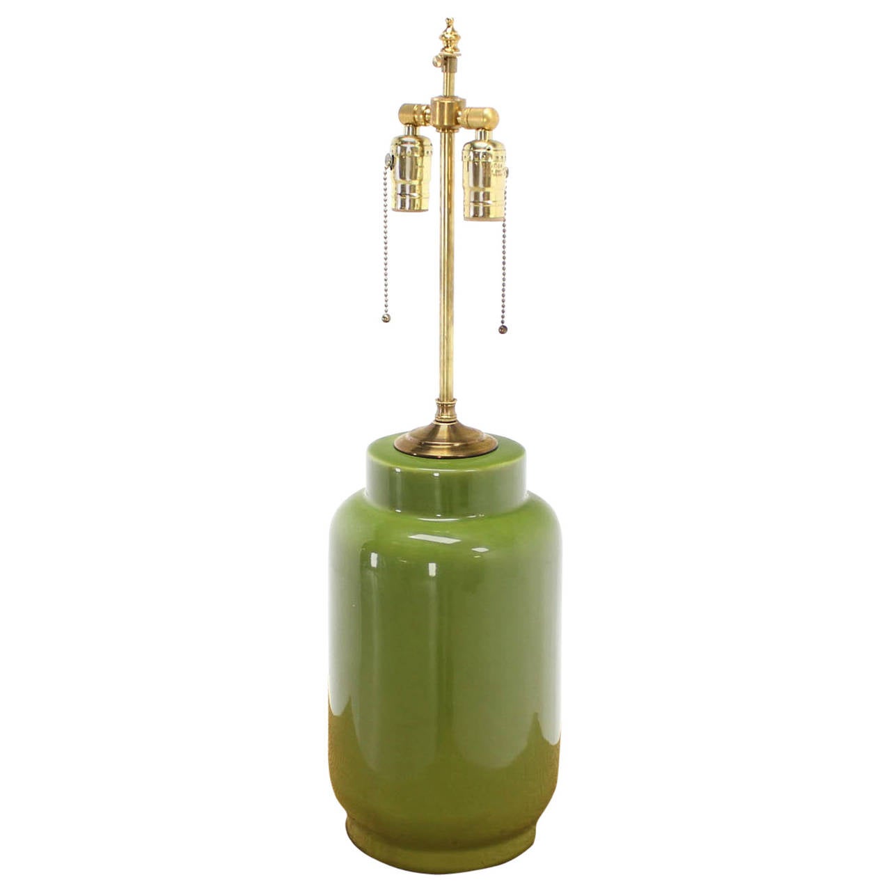 Brass Glazed Pottery Ceramic Cylinder Base Table Lamp For Sale at 1stDibs