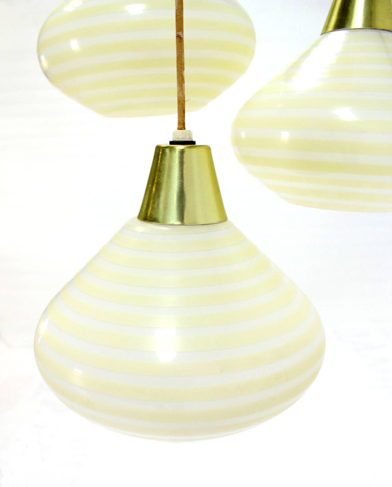 Mid-Century Modern 1960s Triple Art Glass Stripe Pattern Cone Shape Pendant Globe Light Fixture