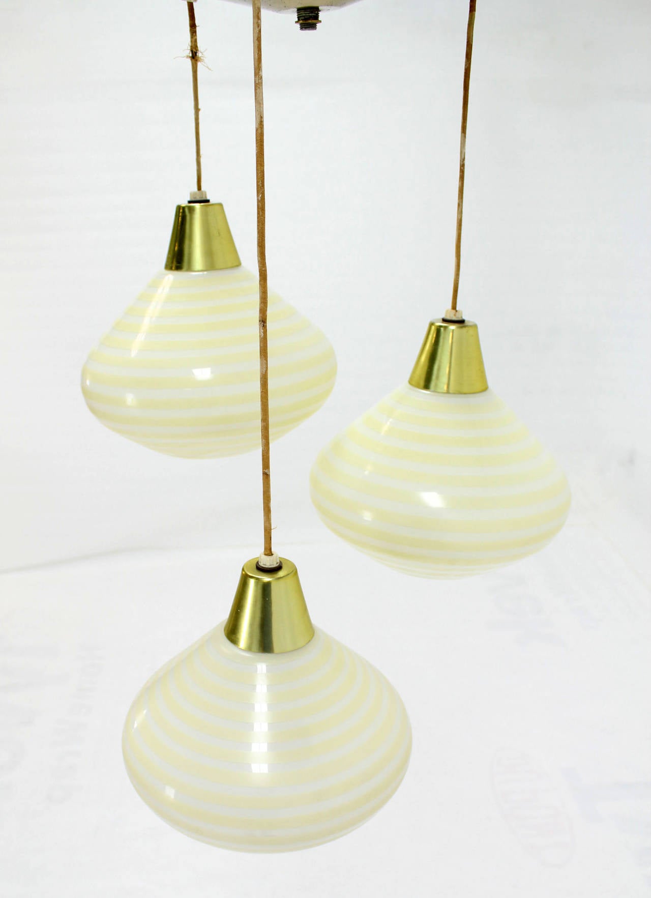 20th Century 1960s Triple Art Glass Stripe Pattern Cone Shape Pendant Globe Light Fixture