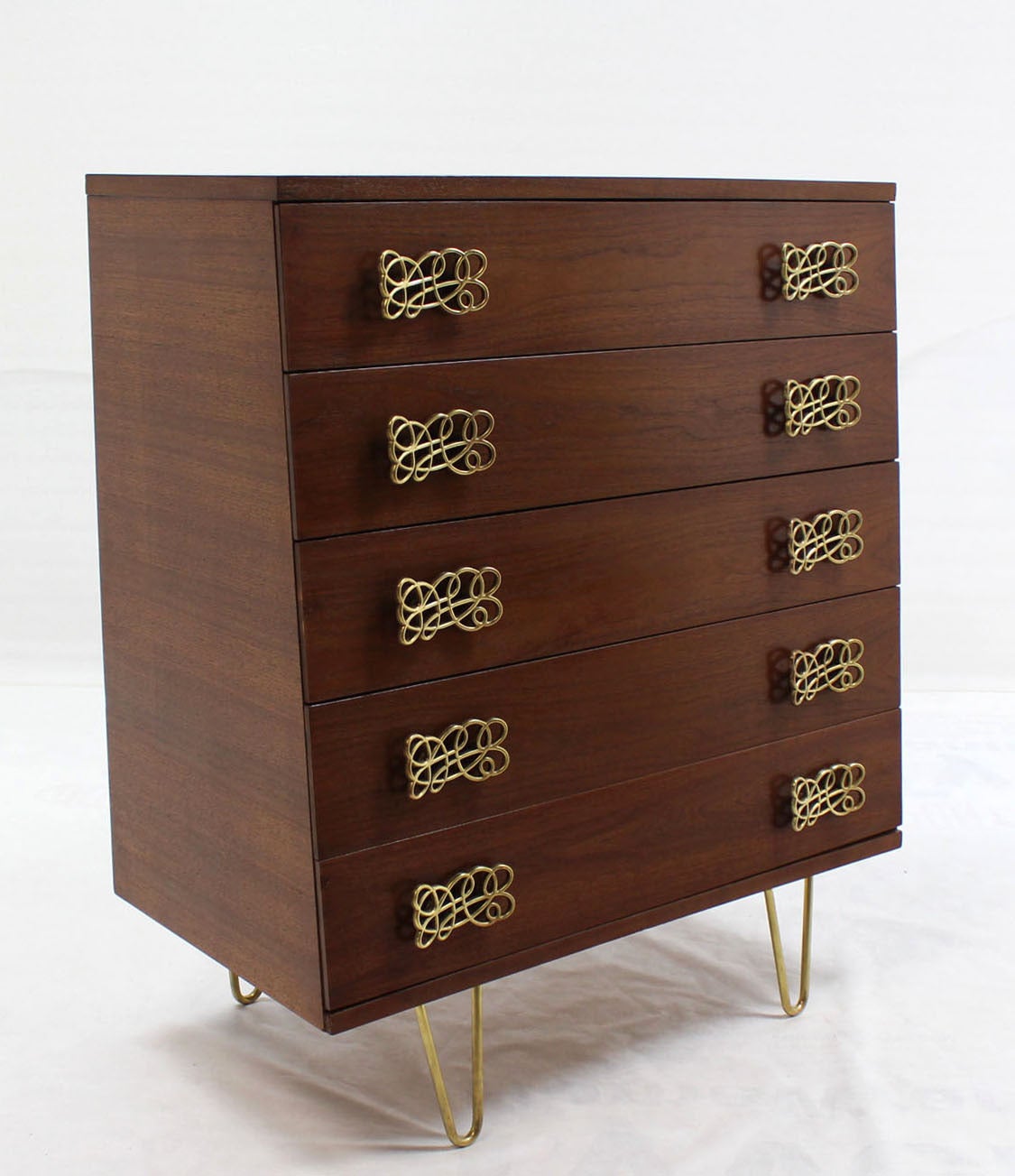 Lacquered Mid Century Modern Pyramid Shape High Chest with Large Bow or Butterfly Pulls For Sale