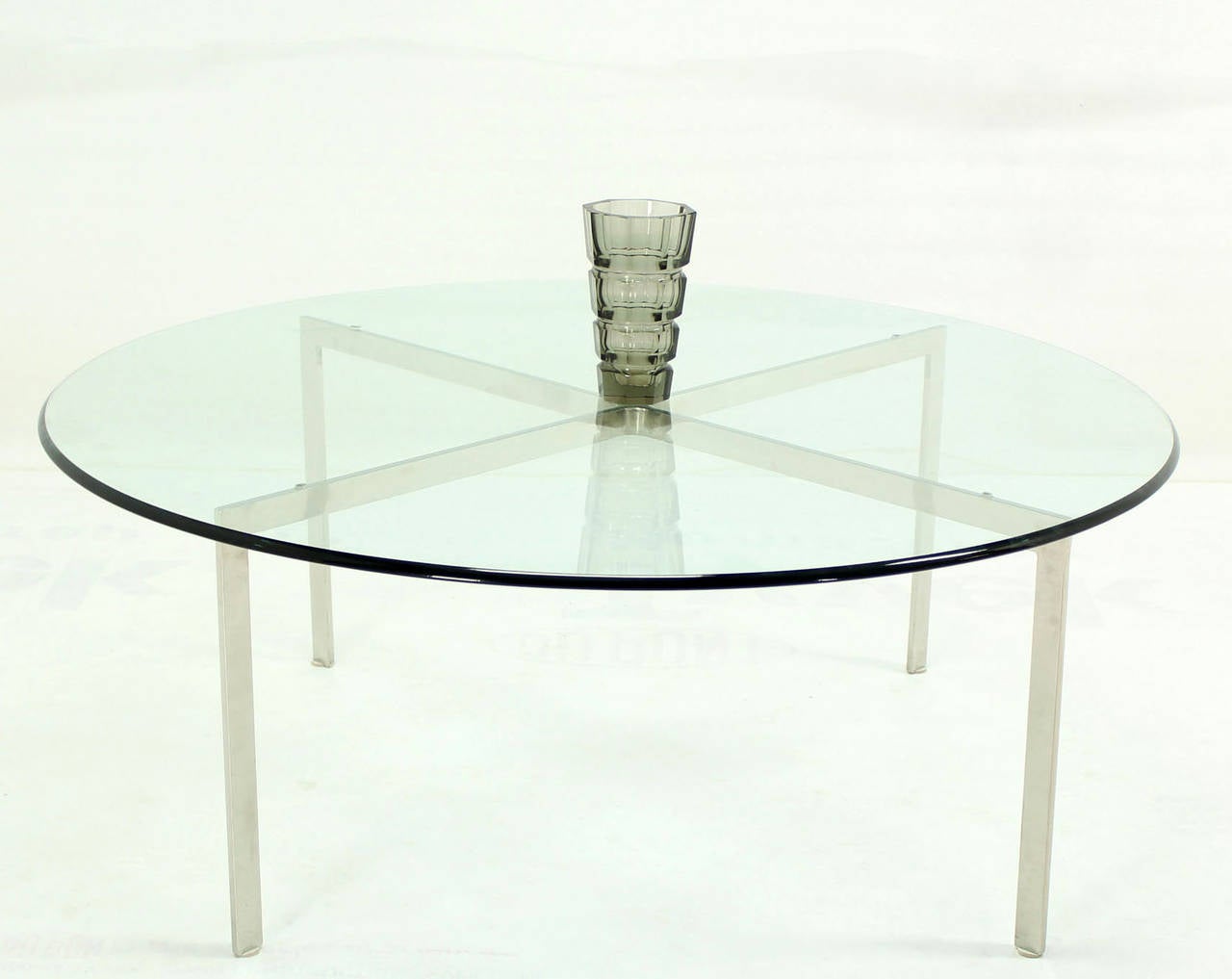 Mid Century Modern Chrome X Base Thick Round Glass Top Coffee Table For