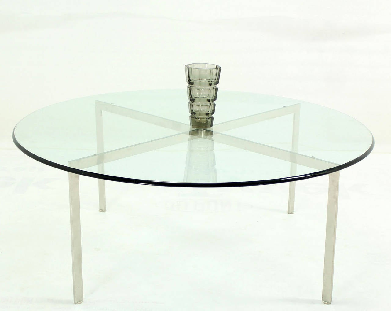 Polished Mid Century Modern Chrome X Base Thick Round Glass Top Coffee Table