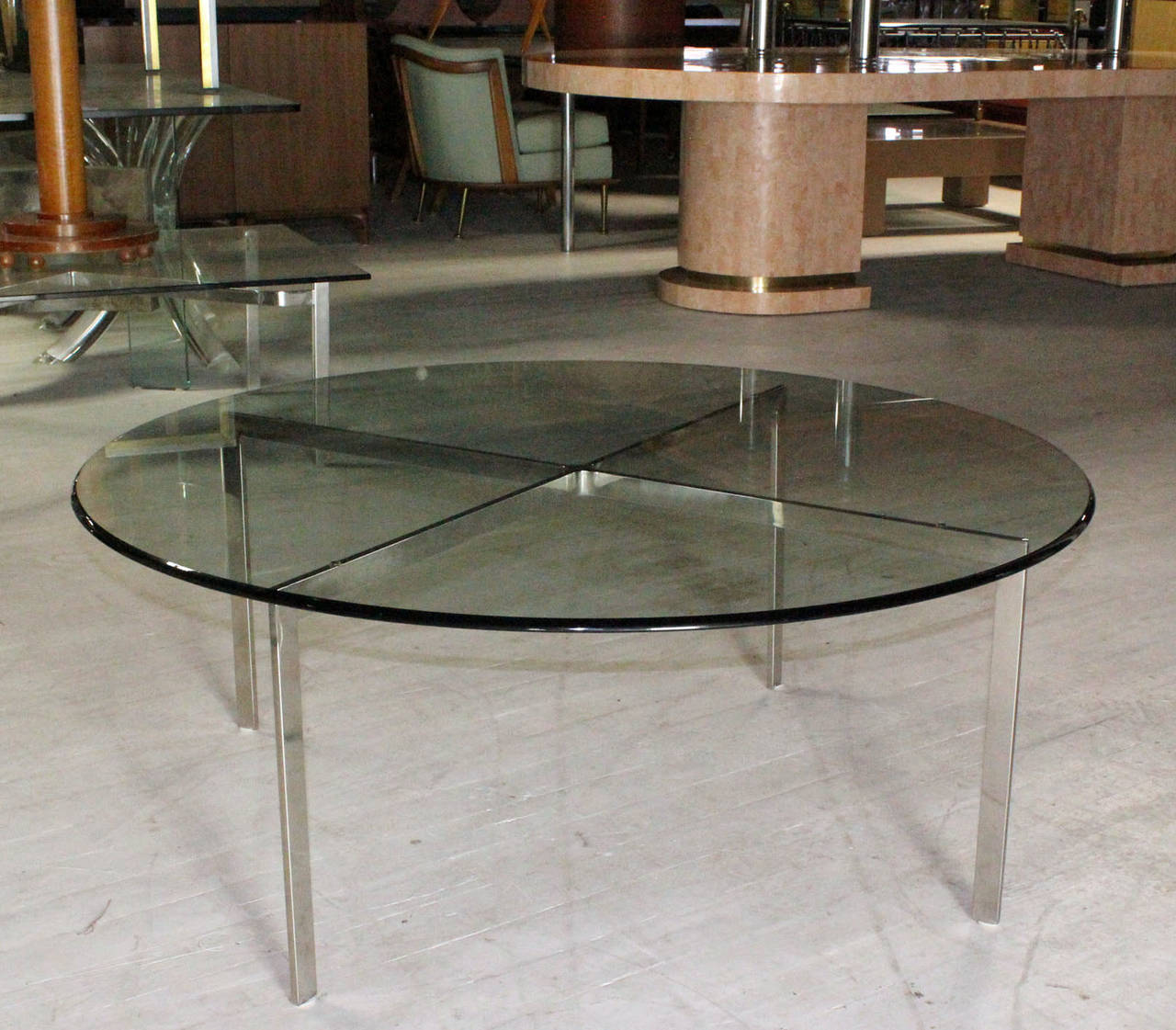 American Mid Century Modern Chrome X Base Thick Round Glass Top Coffee Table