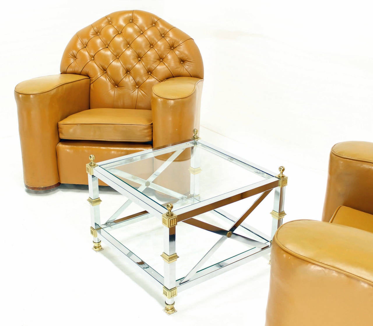 Tow Tier Glass Top Chrome Brass X-Base Square Side or End Table  2