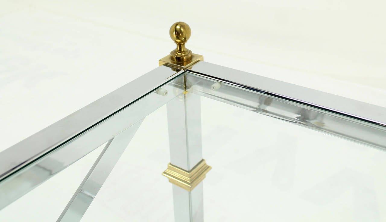Tow Tier Glass Top Chrome Brass X-Base Square Side or End Table  In Excellent Condition In Rockaway, NJ