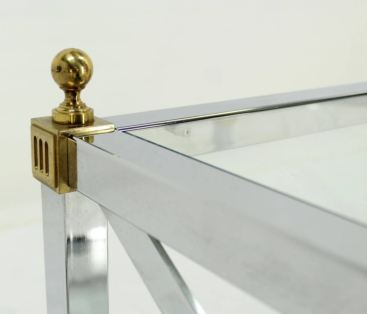Polished Glass Chrome Brass X Base Square Side Coffee End Table For Sale