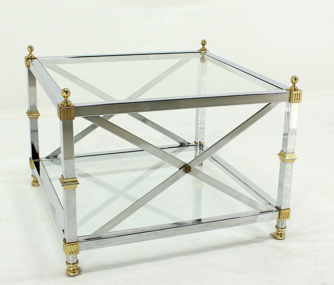 American Glass Chrome Brass X Base Square Side Coffee End Table For Sale