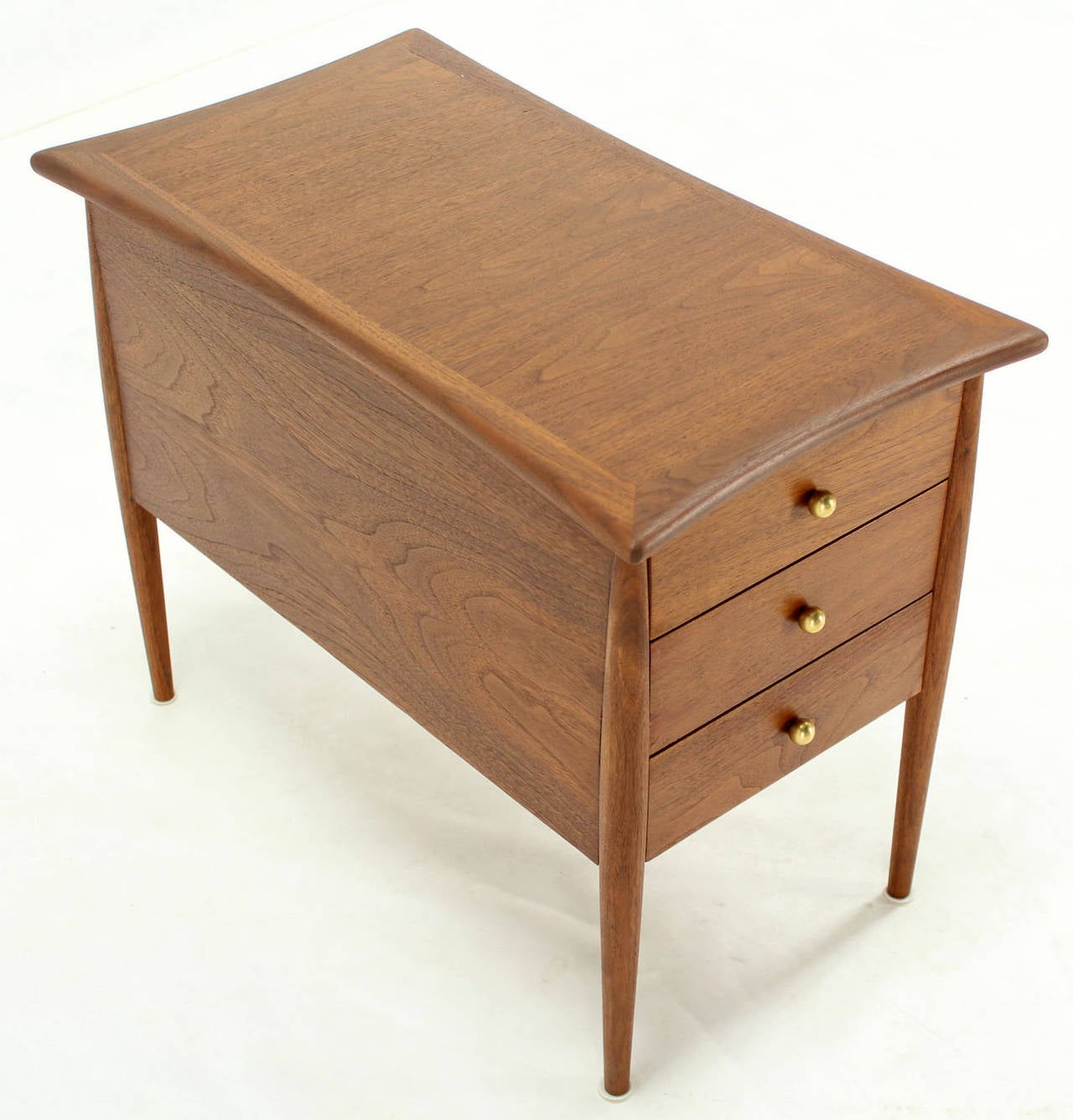 Walnut Three Drawer Mid Century Modern Stand with Solid Brass Ball Pulls For Sale