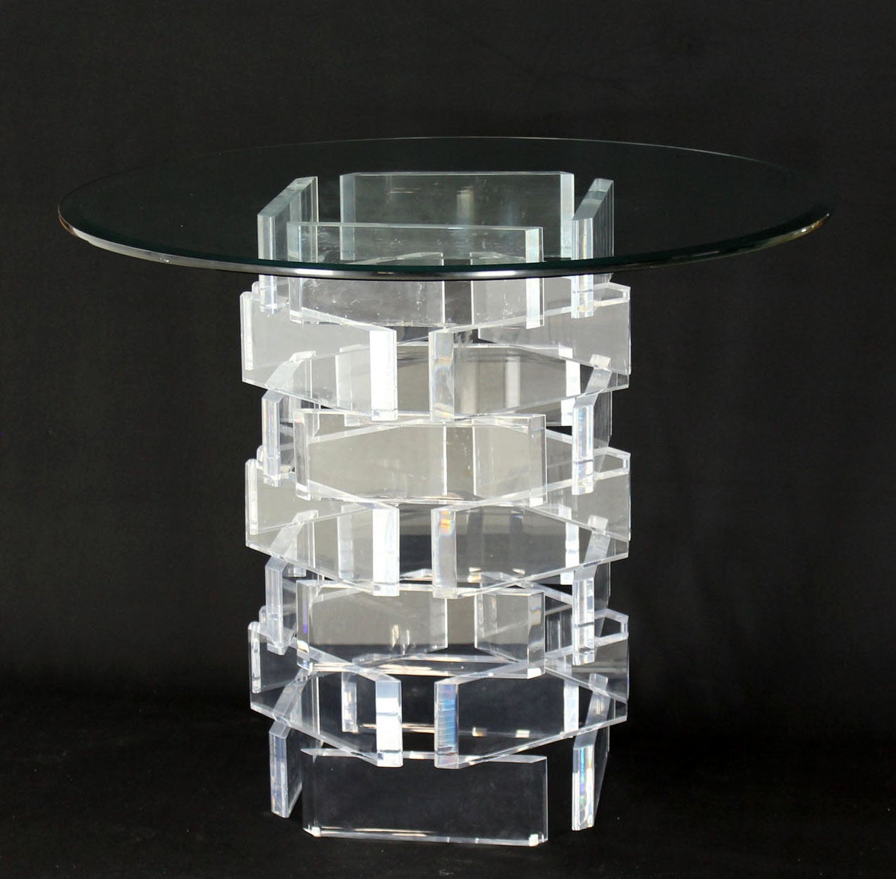 Polished Single Stacked Lucite Blocks Pedestal Gueridon Round Center Table