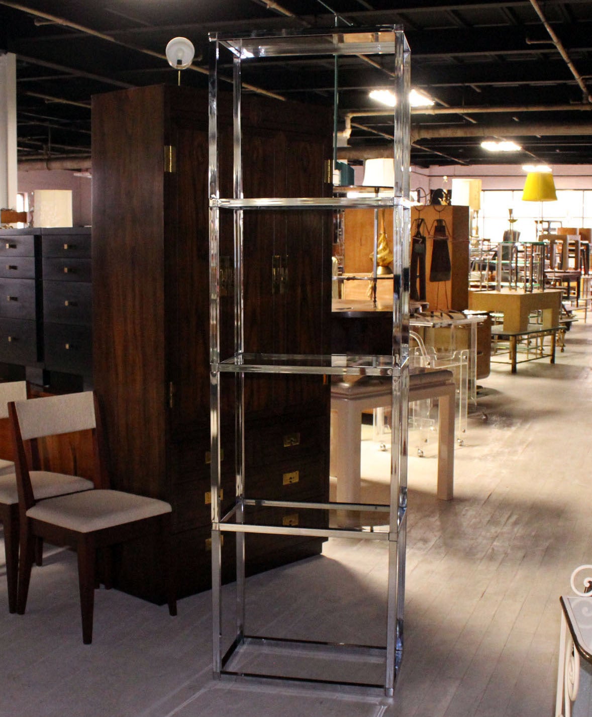 Very nice mid century modern chrome and glass etagere shelf or bookcase display fixture.