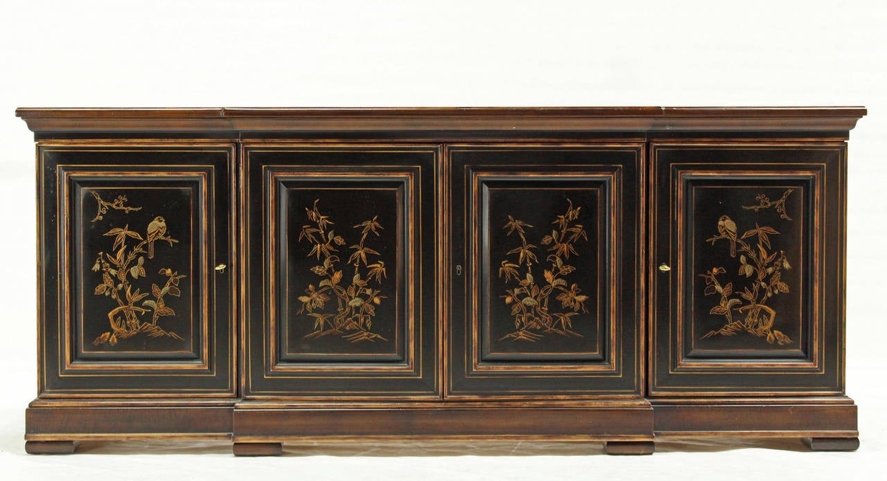 Very nice craftsmanship quality server cabinet by Drexel. Excellent vintage condition. Black walnut gold tones.