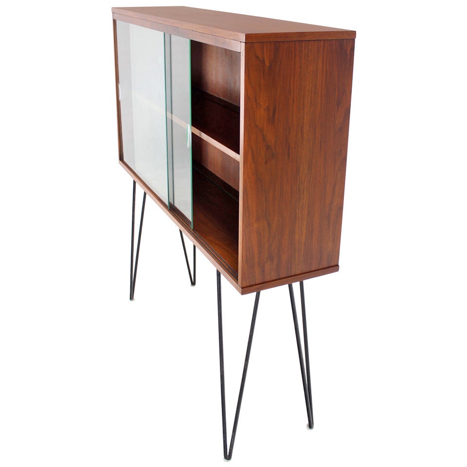 Mid-Century Modern Walnut Bookcase on Tall Hairpin Legs