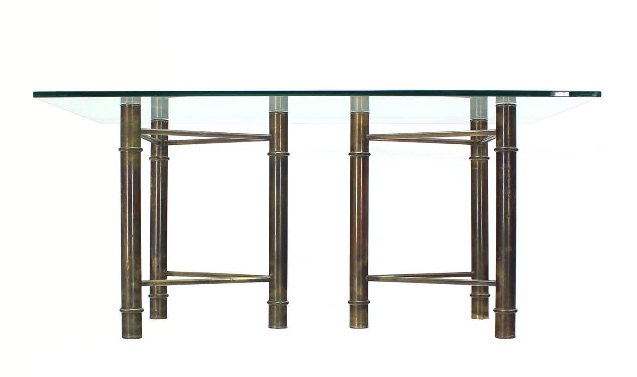 Mid-Century Modern Mastercraft Solid Brass Faux Bamboo Base Glass Top Rectangle Dining Table