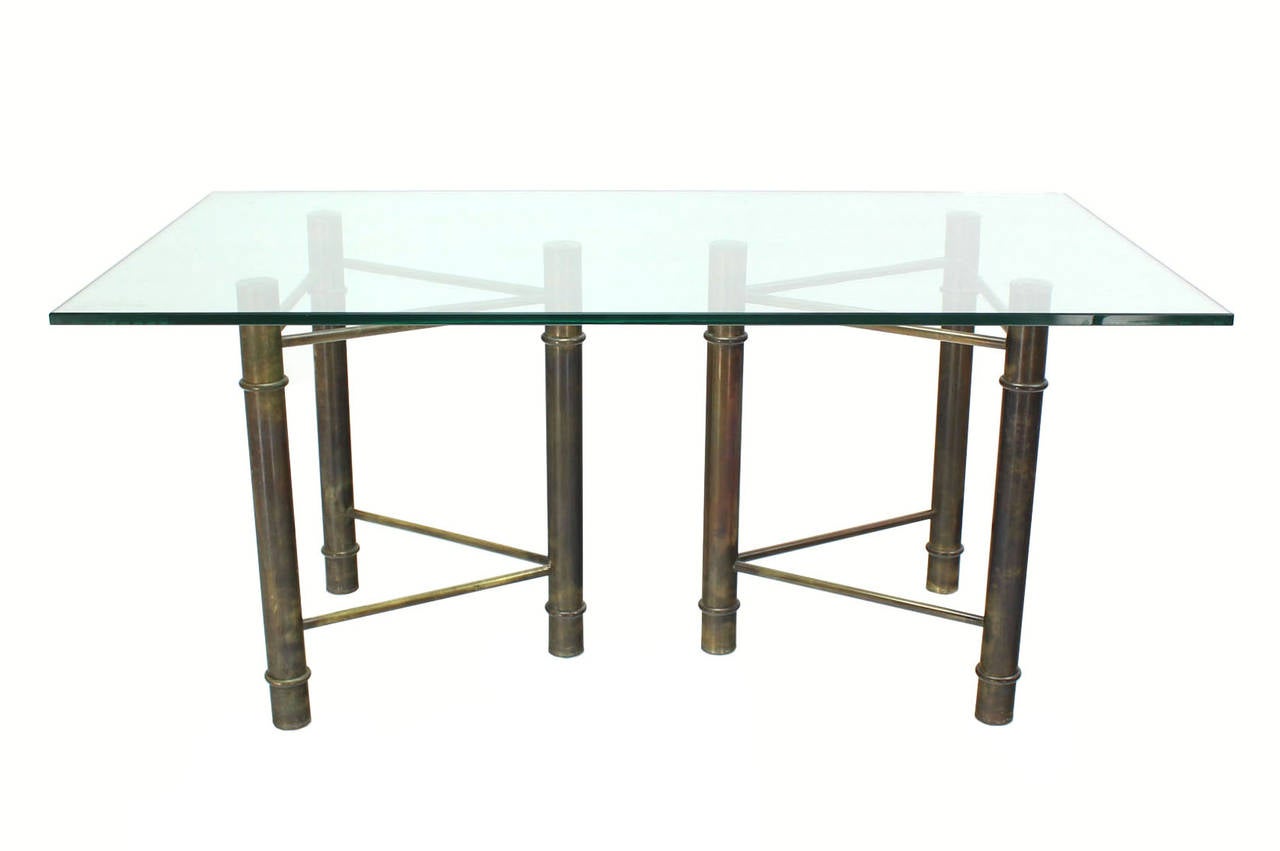 Mastercraft Solid Brass Faux Bamboo Base Glass Top Rectangle Dining Table In Excellent Condition In Rockaway, NJ