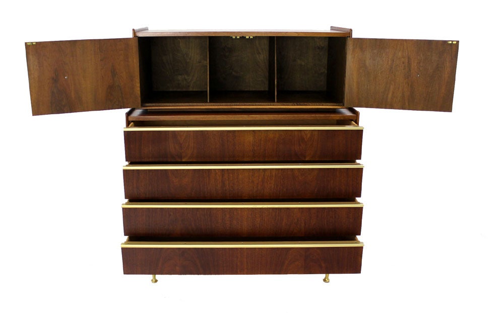 Mid-Century Modern Edmond Spence Walnut High Chest or Dresser with Brass Inlay