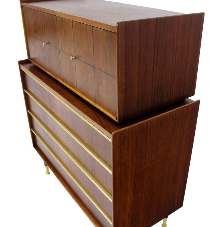 Swedish Edmond Spence Walnut High Chest or Dresser with Brass Inlay